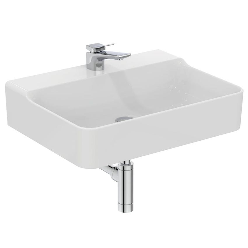 Immagine di Ideal Standard CONCA lavabo smaltato rettangolare sospeso o da appoggio L.60, monoforo, senza troppopieno, colore bianco finitura lucido T379001