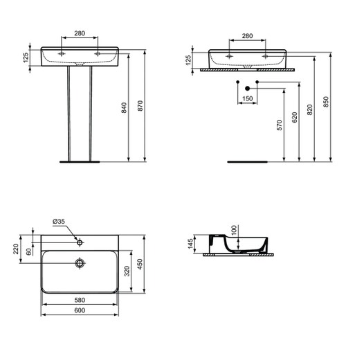 Immagine di Ideal Standard CONCA lavabo smaltato rettangolare sospeso o da appoggio L.60, monoforo, senza troppopieno, colore bianco finitura lucido T379001