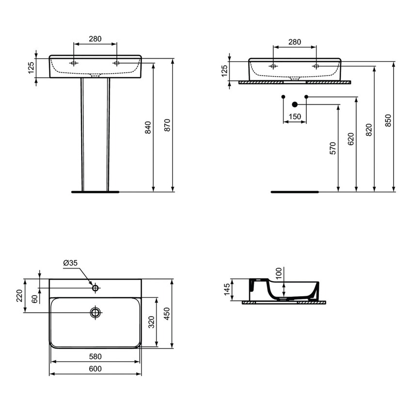 Immagine di Ideal Standard CONCA lavabo smaltato rettangolare sospeso o da appoggio L.60, monoforo, senza troppopieno, colore bianco finitura lucido T379001