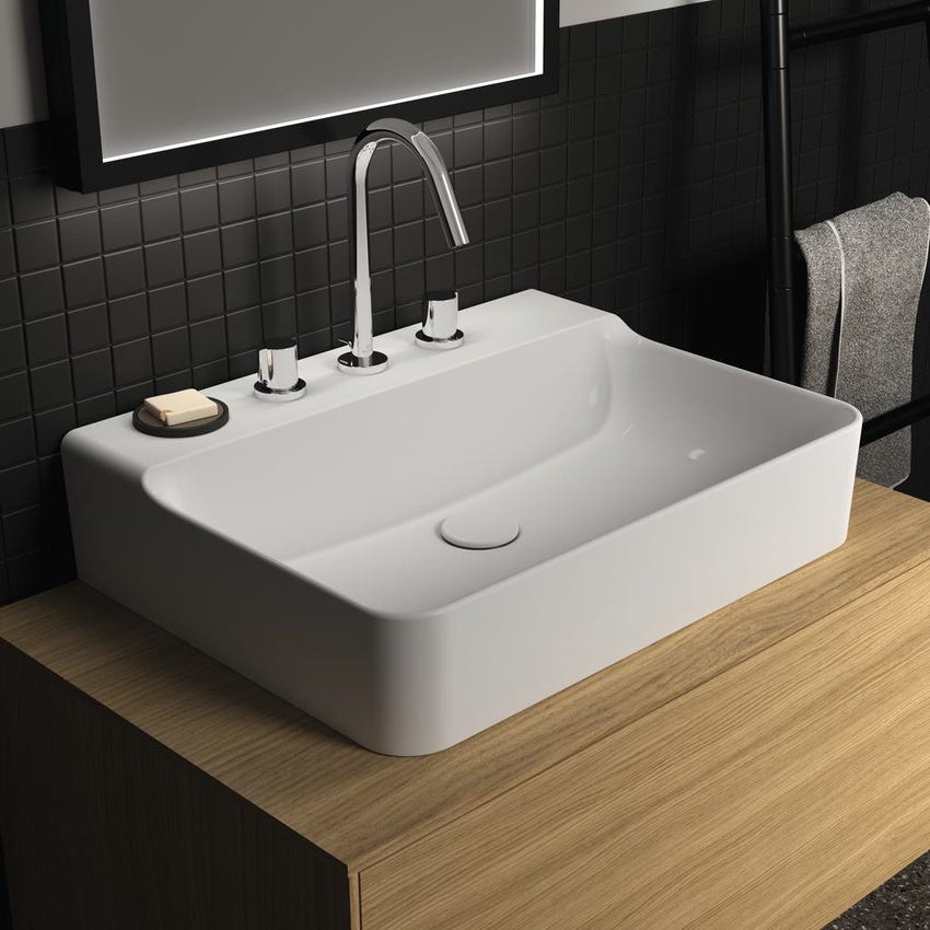 Immagine di Ideal Standard CONCA lavabo smaltato rettangolare sospeso o da appoggio L.60 cm, 3 fori, senza troppopieno, colore bianco finitura lucido T379101