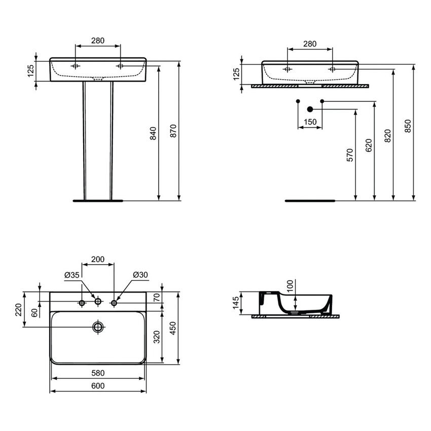 Ideal Standard T369101 CONCA lavabo rettangolare sospeso o da appoggio L.60  cm, monoforo, con troppopieno, colore bianco finitura lucido