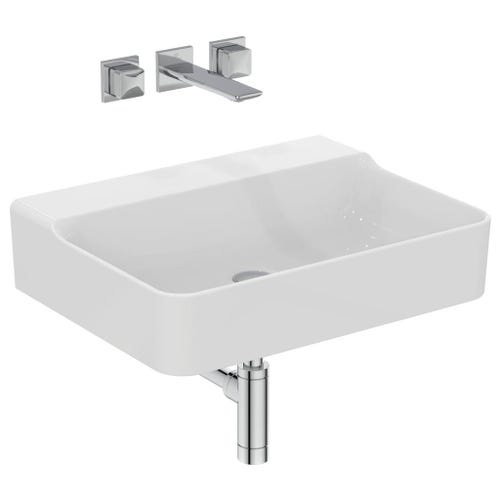 Immagine di Ideal Standard CONCA lavabo smaltato rettangolare sospeso o da appoggio L.60 cm, senza troppopieno, colore bianco finitura lucido T379201