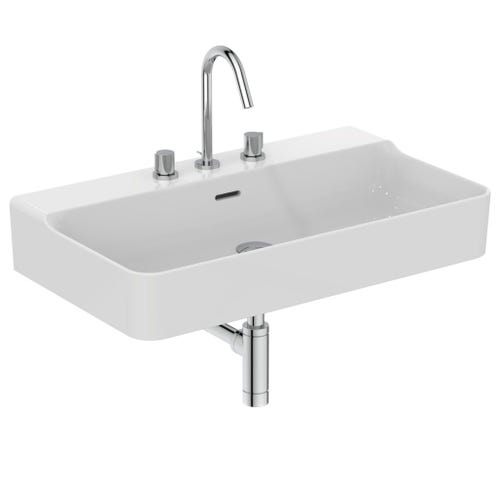 Immagine di Ideal Standard CONCA lavabo smaltato rettangolare sospeso o da appoggio L.80 cm, 3 fori, con troppopieno, colore bianco finitura lucido T379301
