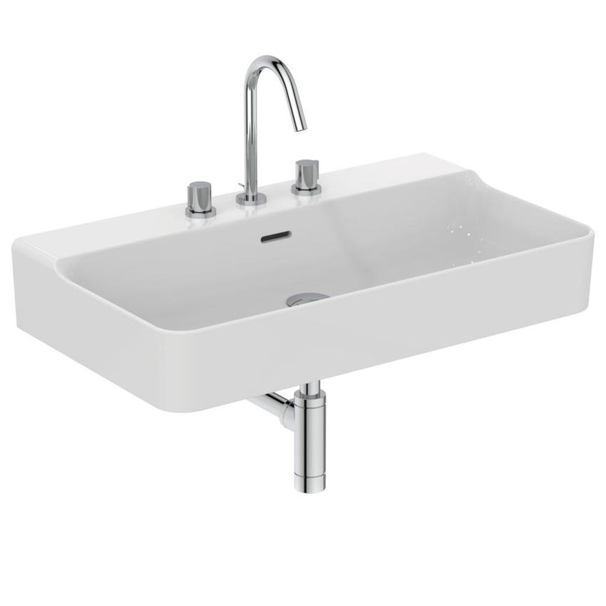 Immagine di Ideal Standard CONCA lavabo smaltato rettangolare sospeso o da appoggio L.80 cm, 3 fori, con troppopieno, colore bianco finitura lucido T379301