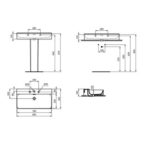 Immagine di Ideal Standard CONCA lavabo smaltato rettangolare sospeso o da appoggio L.80 cm, 3 fori, con troppopieno, colore bianco finitura lucido T379301