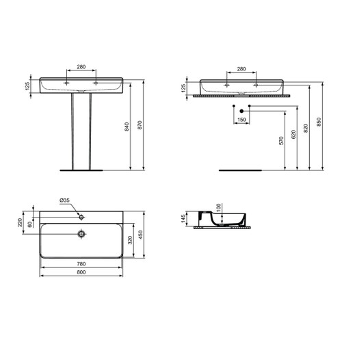 Immagine di Ideal Standard CONCA lavabo smaltato rettangolare sospeso o da appoggio L.80 cm, monoforo, senza troppopieno, colore bianco finitura lucido T379501