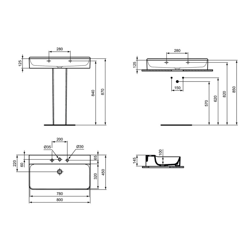 Immagine di Ideal Standard CONCA lavabo smaltato rettangolare sospeso o da appoggio L.80 cm, 3 fori, senza troppopieno, colore bianco lucido T379601