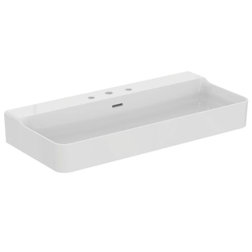 Immagine di Ideal Standard CONCA lavabo smaltato rettangolare sospeso o da appoggio L.100 cm, 3 fori, con troppopieno, colore bianco finitura lucido T379801