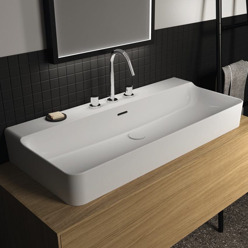 Immagine di Ideal Standard CONCA lavabo smaltato rettangolare sospeso o da appoggio L.100 cm, 3 fori, con troppopieno, colore bianco finitura lucido T379801