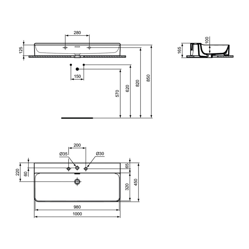 Immagine di Ideal Standard CONCA lavabo smaltato rettangolare sospeso o da appoggio L.100 cm, 3 fori, con troppopieno, colore bianco finitura lucido T379801