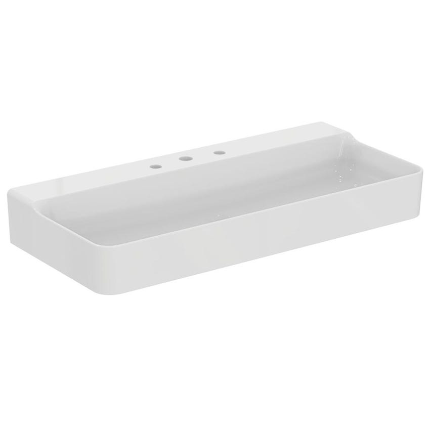 Immagine di Ideal Standard CONCA lavabo rettangolare sospeso o da appoggio L.100 cm, 3 fori, senza troppopieno, colore bianco finitura lucido T380101