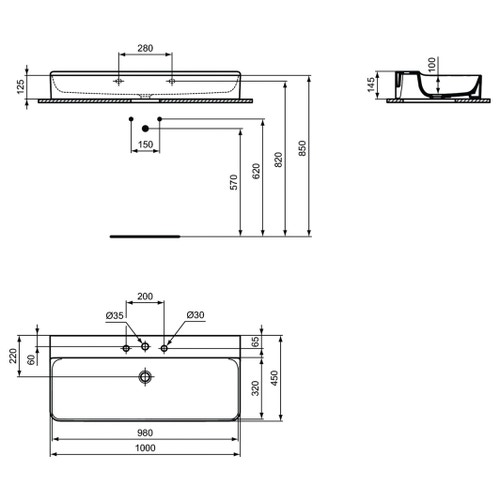 Immagine di Ideal Standard CONCA lavabo smaltato rettangolare sospeso o da appoggio L.100 cm, 3 fori, senza troppopieno, colore bianco finitura lucido T380101