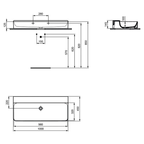Immagine di Ideal Standard CONCA lavabo smaltato rettangolare sospeso o da appoggio L.100 cm, senza troppopieno, colore bianco lucido T380201