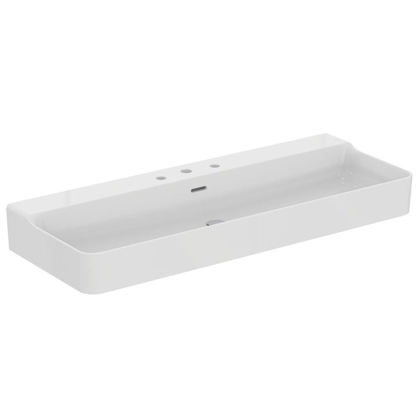 Immagine di Ideal Standard CONCA lavabo rettangolare sospeso o da appoggio L.120 cm, 3 fori, con troppopieno, colore bianco finitura lucido T380401