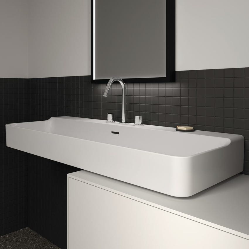 Immagine di Ideal Standard CONCA lavabo smaltato rettangolare sospeso o da appoggio L.120 cm, 3 fori, con troppopieno, colore bianco finitura lucido T380401