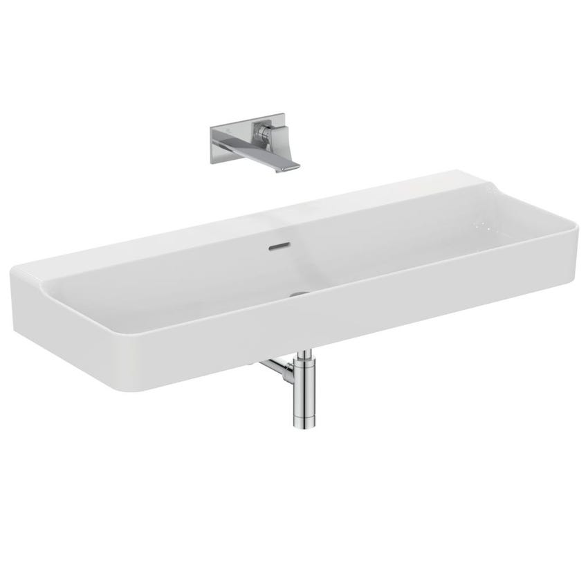 Immagine di Ideal Standard CONCA lavabo smaltato rettangolare sospeso o da appoggio L.120 cm, con troppopieno, colore bianco finitura lucido T380501