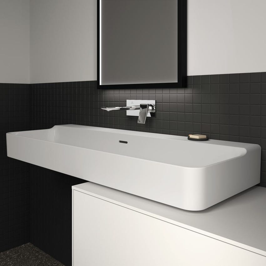 Immagine di Ideal Standard CONCA lavabo smaltato rettangolare sospeso o da appoggio L.120 cm, con troppopieno, colore bianco finitura lucido T380501