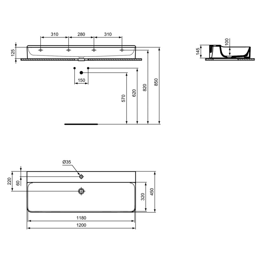 Immagine di Ideal Standard CONCA lavabo smaltato rettangolare sospeso o da appoggio L.120 cm, monoforo, senza troppopieno, colore bianco finitura lucido T380601