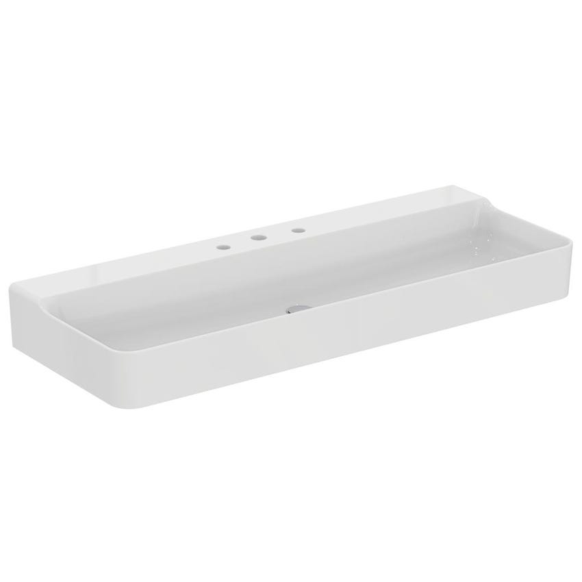 Immagine di Ideal Standard CONCA lavabo rettangolare sospeso o da appoggio L.120 cm, 3 fori, senza troppopieno, colore bianco finitura lucido T380701