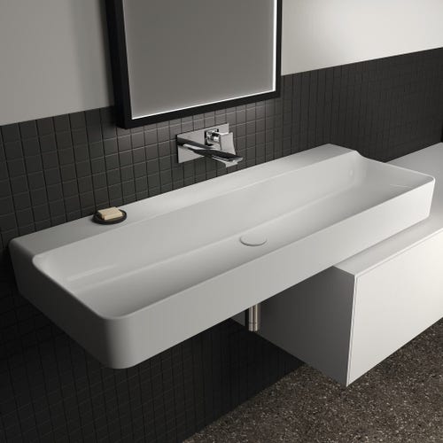 Immagine di Ideal Standard CONCA lavabo smaltato rettangolare sospeso o da appoggio L.120 cm, senza troppopieno, colore bianco finitura lucido T380901
