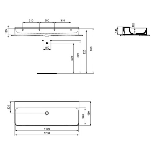 Immagine di Ideal Standard CONCA lavabo smaltato rettangolare sospeso o da appoggio L.120 cm, senza troppopieno, colore bianco finitura lucido T380901