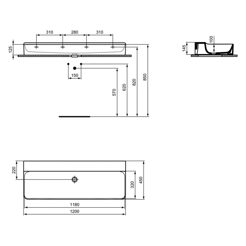 Immagine di Ideal Standard CONCA lavabo smaltato rettangolare sospeso o da appoggio L.120 cm, senza troppopieno, colore bianco finitura lucido T380901