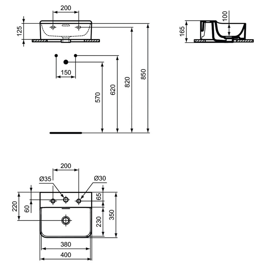 Immagine di Ideal Standard CONCA lavamani smaltato sospeso o da appoggio L.40 cm, 3 fori, con troppopieno, colore bianco finitura lucido T381001