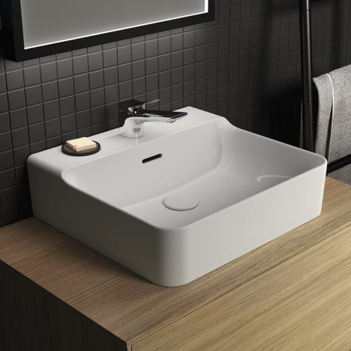 Immagine di Ideal Standard CONCA lavabo rettificato rettangolare sospeso o da appoggio L.50 cm, con troppopieno, colore bianco finitura lucido T381201