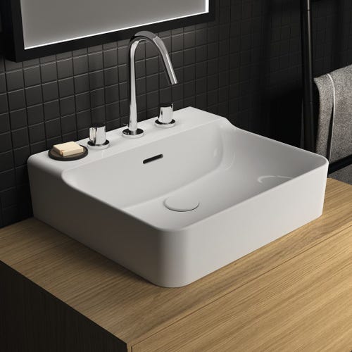 Immagine di Ideal Standard CONCA lavabo rettificato rettangolare sospeso o da appoggio L.50 cm, 3 fori, con troppopieno, colore bianco finitura lucido T381301