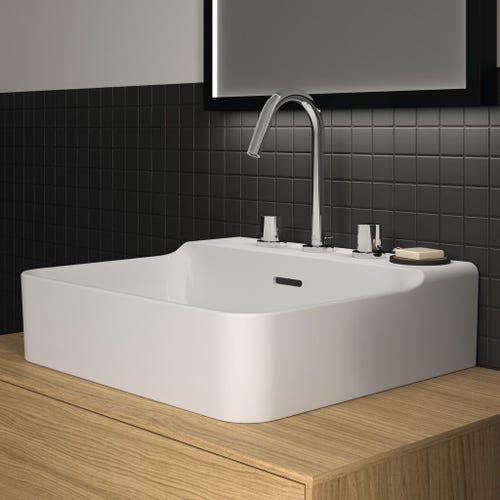 Immagine di Ideal Standard CONCA lavabo rettificato rettangolare sospeso o da appoggio L.50 cm, 3 fori, con troppopieno, colore bianco finitura lucido T381301