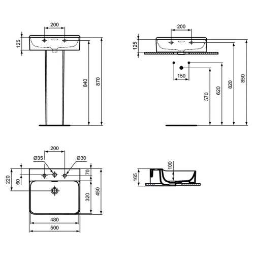 Immagine di Ideal Standard CONCA lavabo rettificato rettangolare sospeso o da appoggio L.50 cm, 3 fori, con troppopieno, colore bianco finitura lucido T381301