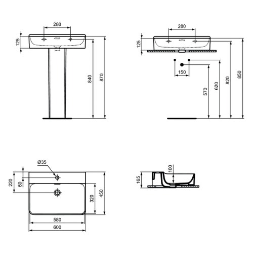 Immagine di Ideal Standard CONCA lavabo rettificato rettangolare sospeso o da appoggio L.60 cm, monoforo, con troppopieno, colore bianco finitura lucido T381801