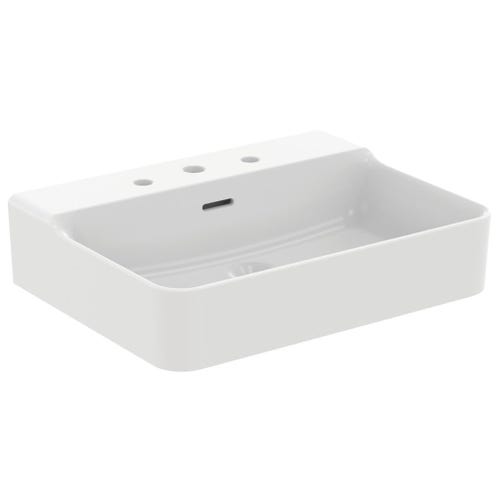 Immagine di Ideal Standard CONCA lavabo rettificato rettangolare sospeso o da appoggio L.60 cm, 3 fori, con troppopieno, colore bianco finitura lucido T381901