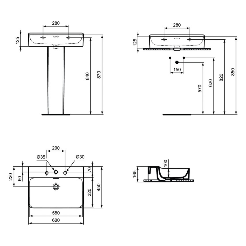 Ideal Standard T369001 CONCA lavabo rettangolare sospeso o da appoggio L.50  cm, monoforo, con troppopieno, colore bianco finitura lucido