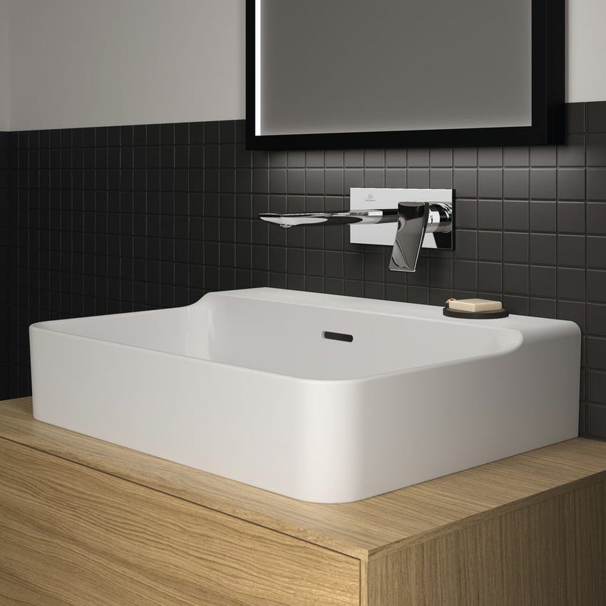 Immagine di Ideal Standard CONCA lavabo rettificato rettangolare sospeso o da appoggio L.60 cm, con troppopieno, colore bianco finitura lucido T382201