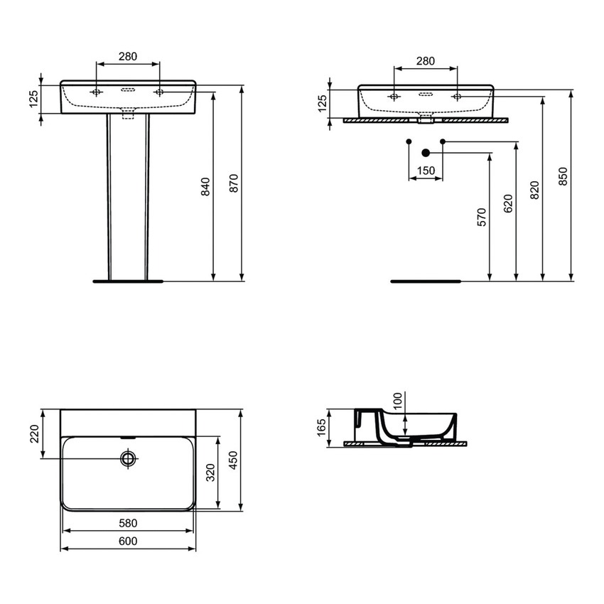 Immagine di Ideal Standard CONCA lavabo rettificato rettangolare sospeso o da appoggio L.60 cm, con troppopieno, colore bianco finitura lucido T382201