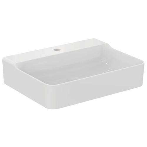 Immagine di Ideal Standard CONCA lavabo rettificato rettangolare sospeso o da appoggio L.60 cm, monoforo, senza troppopieno, colore bianco finitura lucido T382301