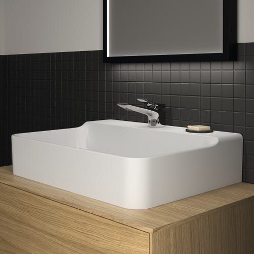 Immagine di Ideal Standard CONCA lavabo rettificato rettangolare sospeso o da appoggio L.60 cm, monoforo, senza troppopieno, colore bianco finitura lucido T382301