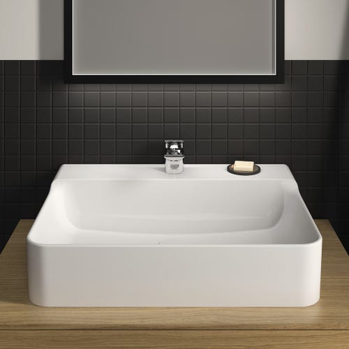 Immagine di Ideal Standard CONCA lavabo rettificato rettangolare sospeso o da appoggio L.60 cm, monoforo, senza troppopieno, colore bianco finitura lucido T382301