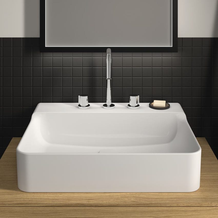 Immagine di Ideal Standard CONCA lavabo rettificato rettangolare sospeso o da appoggio L.60 cm, 3 fori, senza troppopieno, colore bianco finitura lucido T382401