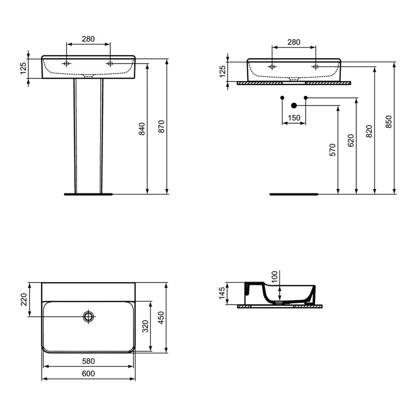 Immagine di Ideal Standard CONCA lavabo rettificato rettangolare sospeso o da appoggio L.60 cm, senza troppopieno, colore bianco finitura lucido T382501