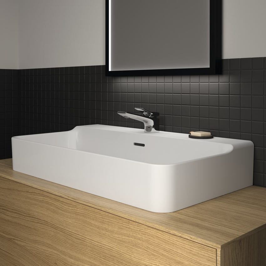 Immagine di Ideal Standard CONCA set con mobile sottolavabo L.160 cm, 2 cassetti, colo bianco finitura opaco e lavabo L.80 cm con foro rubinetteria e troppopieno, colore bianco finitura lucido T3983Y1+T382601