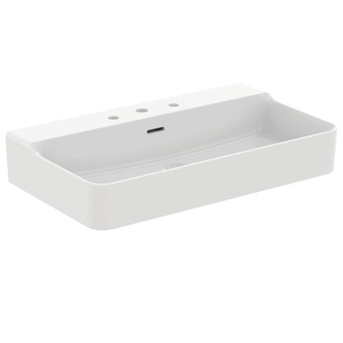 Immagine di Ideal Standard CONCA lavabo rettificato rettangolare sospeso o da appoggio L.80 cm, 3 fori, con troppopieno, colore bianco finitura lucido T382701