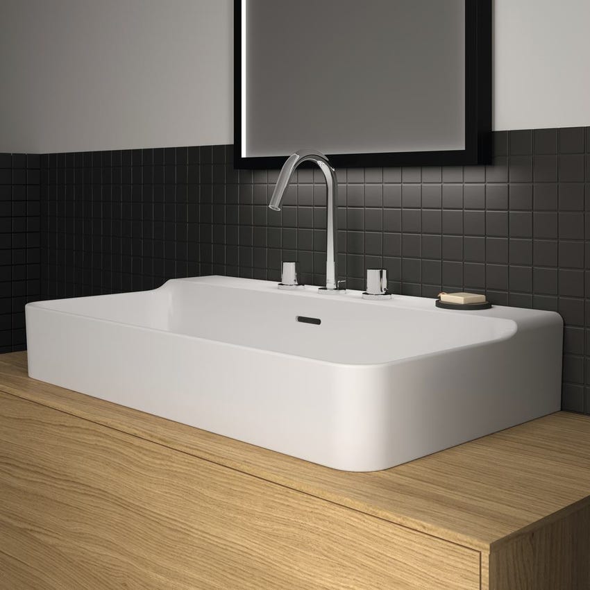 Immagine di Ideal Standard CONCA lavabo rettificato rettangolare sospeso o da appoggio L.80 cm, 3 fori, con troppopieno, colore bianco finitura lucido T382701