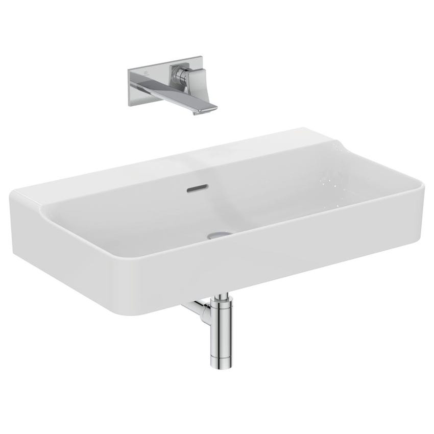 Immagine di Ideal Standard CONCA lavabo rettificato rettangolare sospeso o da appoggio L.80 cm, con troppopieno, colore bianco finitura lucido T382801