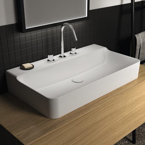 Immagine di Ideal Standard CONCA lavabo rettificato rettangolare sospeso o da appoggio L.80 cm, 3 fori, senza troppopieno, colore bianco finitura lucido T383001