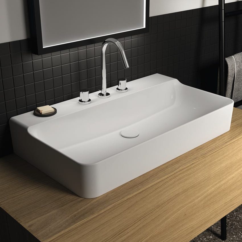 Immagine di Ideal Standard CONCA lavabo rettificato rettangolare sospeso o da appoggio L.80 cm, 3 fori, senza troppopieno, colore bianco finitura lucido T383001