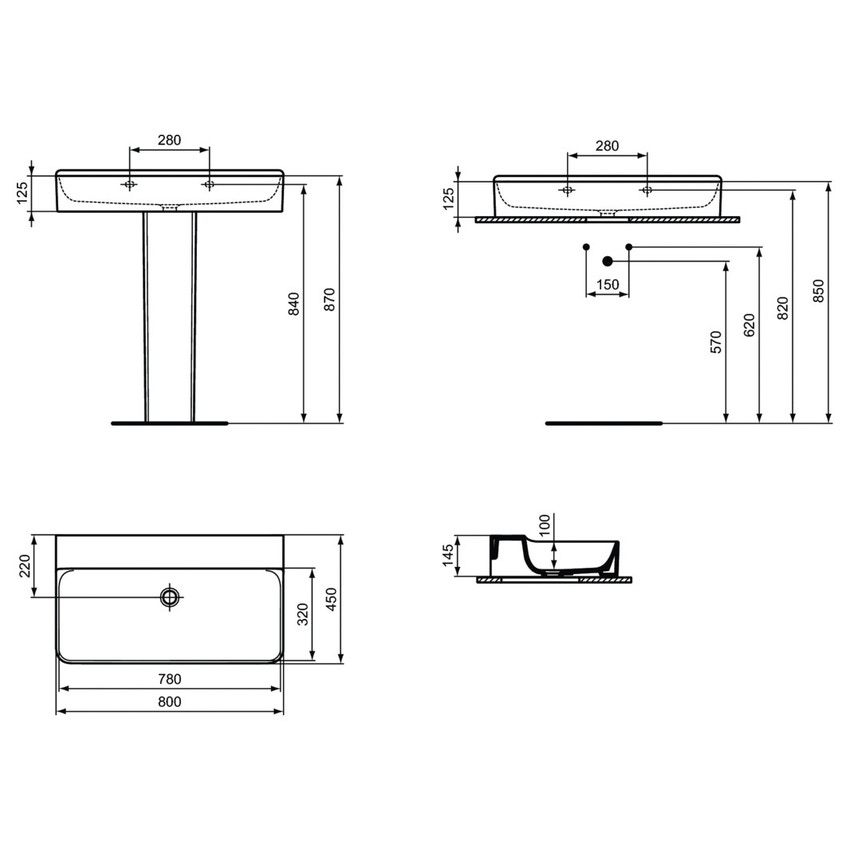Immagine di Ideal Standard CONCA lavabo rettificato rettangolare sospeso o da appoggio L.80 cm, senza troppopieno, colore bianco finitura lucido T383101
