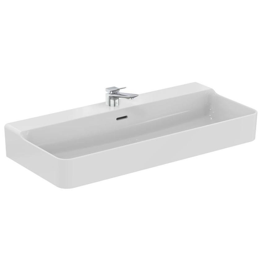 Immagine di Ideal Standard CONCA lavabo rettificato rettangolare sospeso o da appoggio L.100 cm, monoforo, con troppopieno, colore bianco finitura lucido T383201