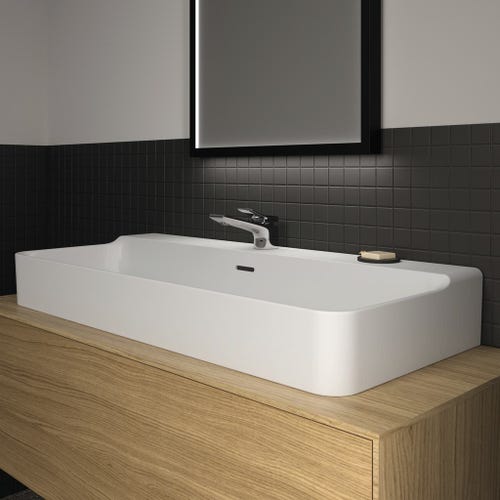 Immagine di Ideal Standard CONCA lavabo rettificato rettangolare sospeso o da appoggio L.100 cm, monoforo, con troppopieno, colore bianco finitura lucido T383201